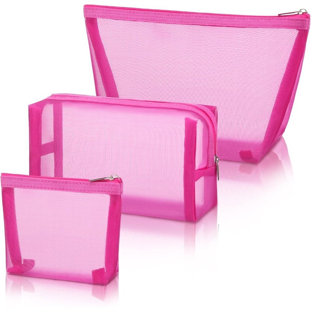 3 Piece Mesh Cosmetic Bag Mesh Makeup Bag with Zipper Pouch Travel Toiletry for